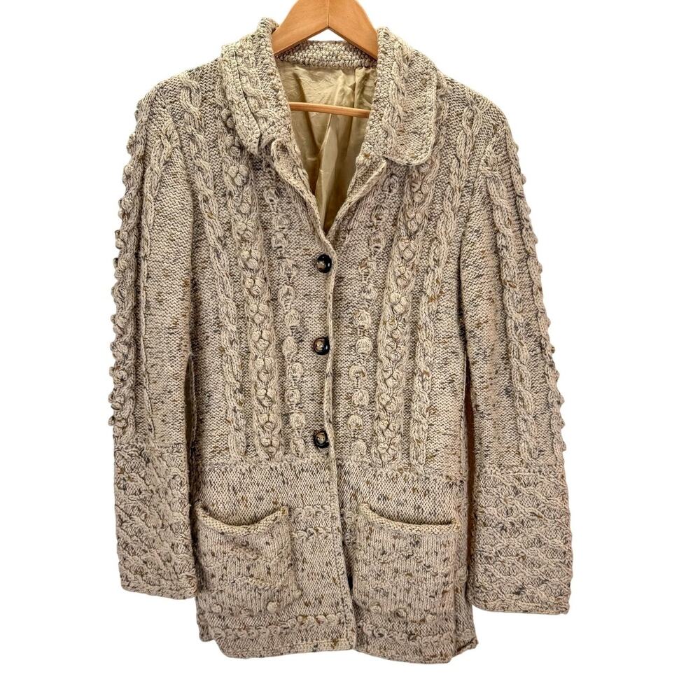 VTG Handmade Knit Cardigan Womens M L Brown Beige Cable Knit Fishermans Sweater